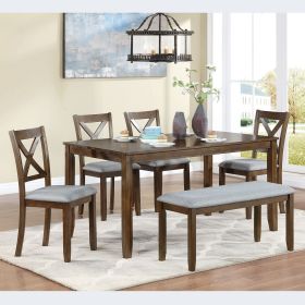 6 Piece Kitchen Dining Set, Rectangular Wooden Dining Table with 4 Upholstered Chairs and a Bench, Dining Table Set for 6 People, Living Room (Color: as Pic)